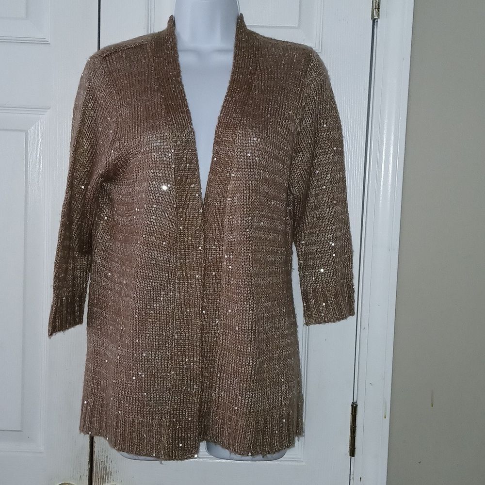 NY Collection Tan open front cardigan with silver sequins  casual Sz PL NWOT